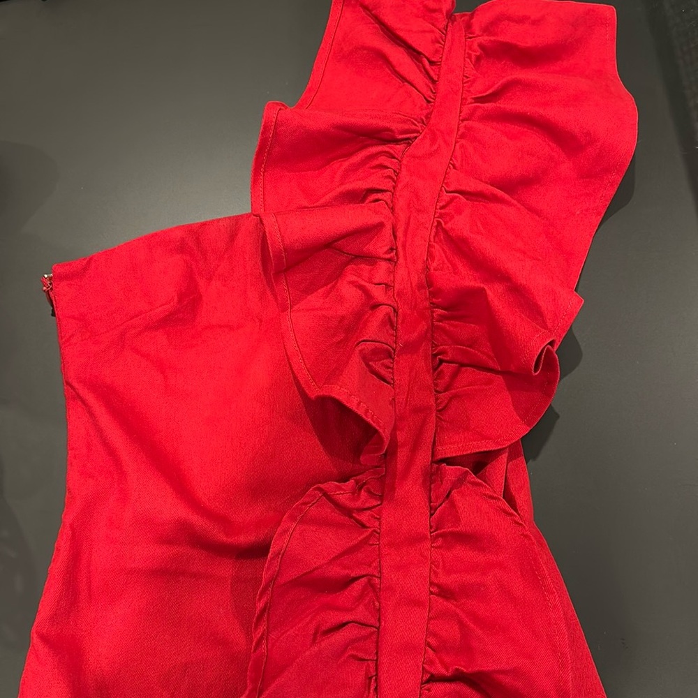 One Shoulder Ruffle Red Mini Dress - Picture 4 of 6
